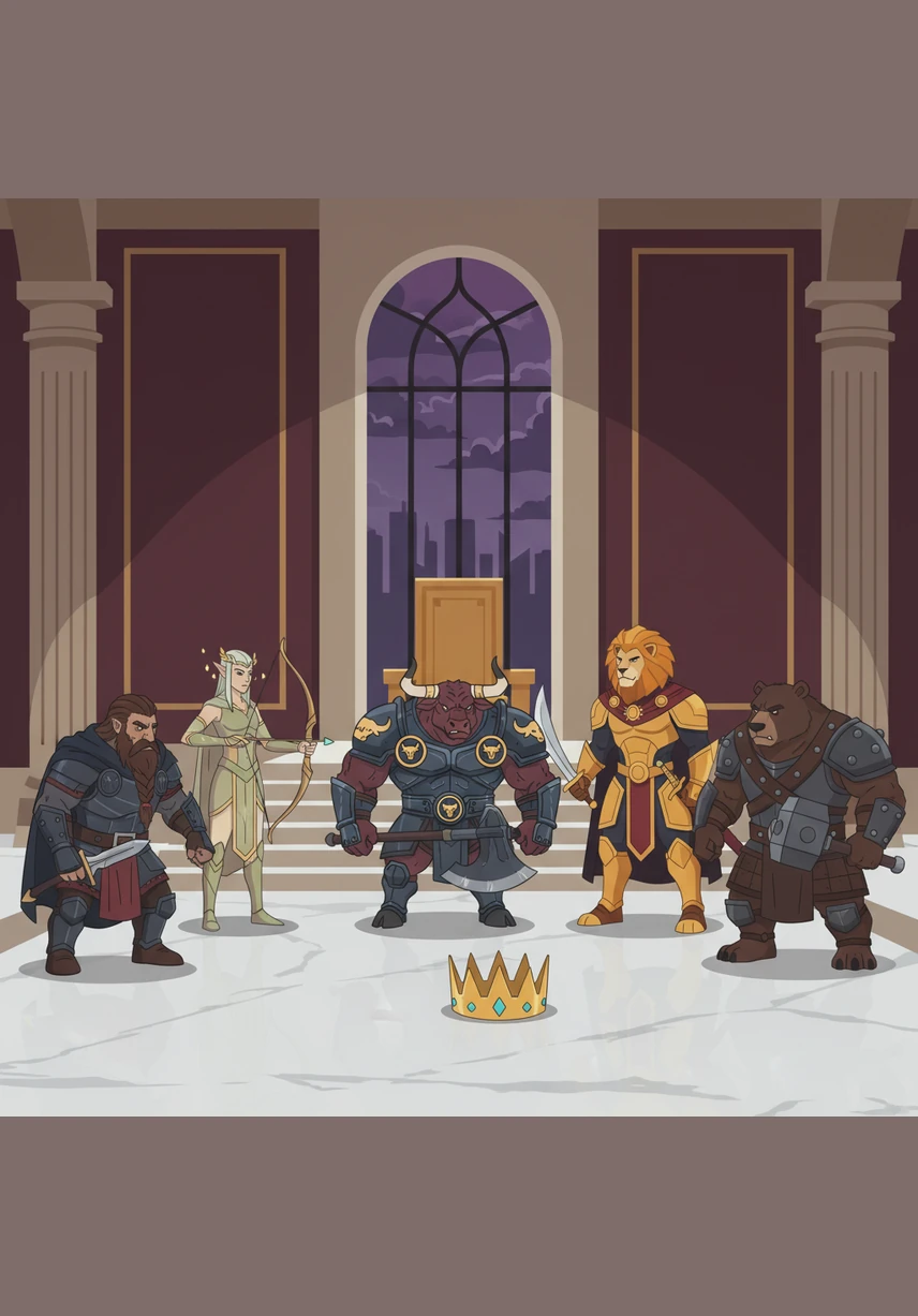 The Golden Citadel stands silent under a bruised purple sky after the sudden passing of the Great Lion Emperor. Within the throne room, the heavy crown of Aetheria lies abandoned on the cold marble floor while the leaders of the six clans watch each other with growing suspicion and unsheathed claws.