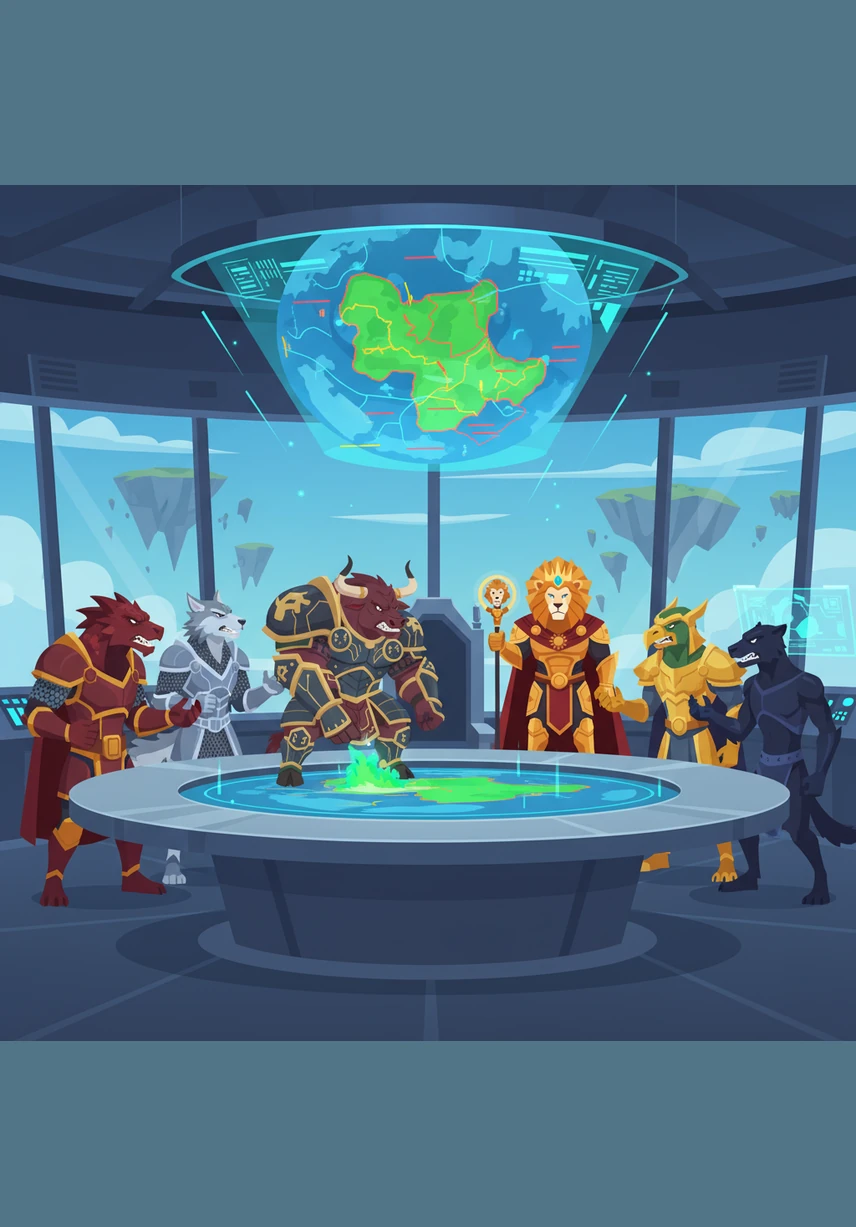 In the high-tech War Room of the Floating Isles, a holographic map of the planet pulses with shifting borders and glowing ley lines. General Taurus of the Bull Clan slams his heavy hoof onto the table, claiming the fertile Emerald Plains for his kin while the other leaders snarl in disagreement.