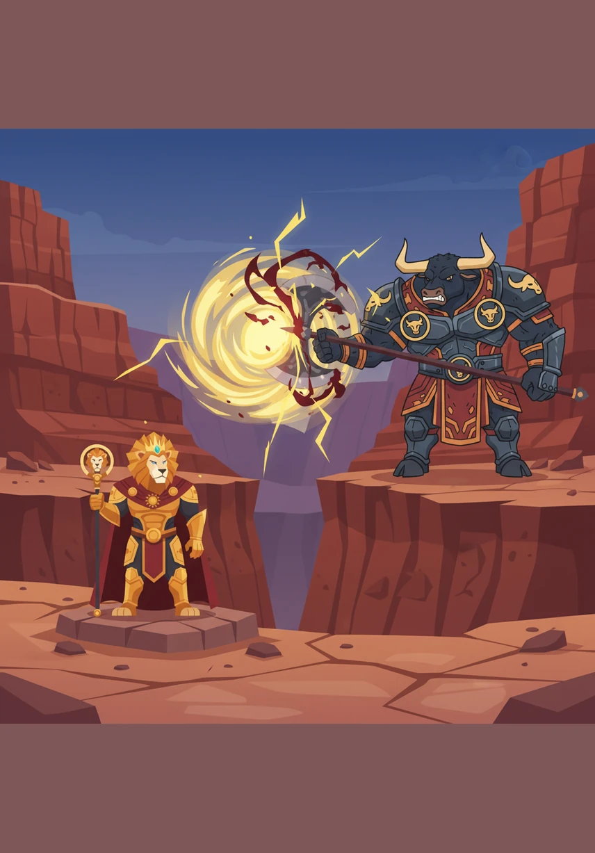 Diplomacy fails at the Great Canyon as the Rhino Clan’s heavy armored battalions face off against the Lion Clan’s sun-clothed warriors. The ground trembles under the weight of thousands of paws and hooves, and just as the first strike is thrown, the sky begins to bleed a sickly ink-black color.