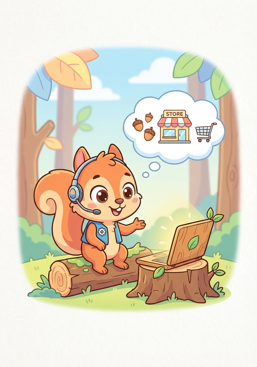 Pixel, a curious little squirrel with a passion for technology, dreamed of opening an online store to sell his handmade acorn crafts.