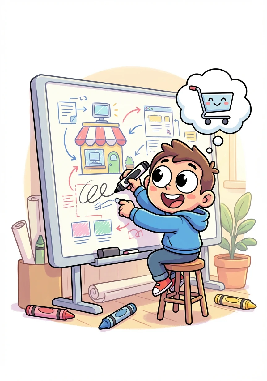 They started by sketching out their vision on a big whiteboard, carefully planning the layout and design of their Ecommerce Emporium.