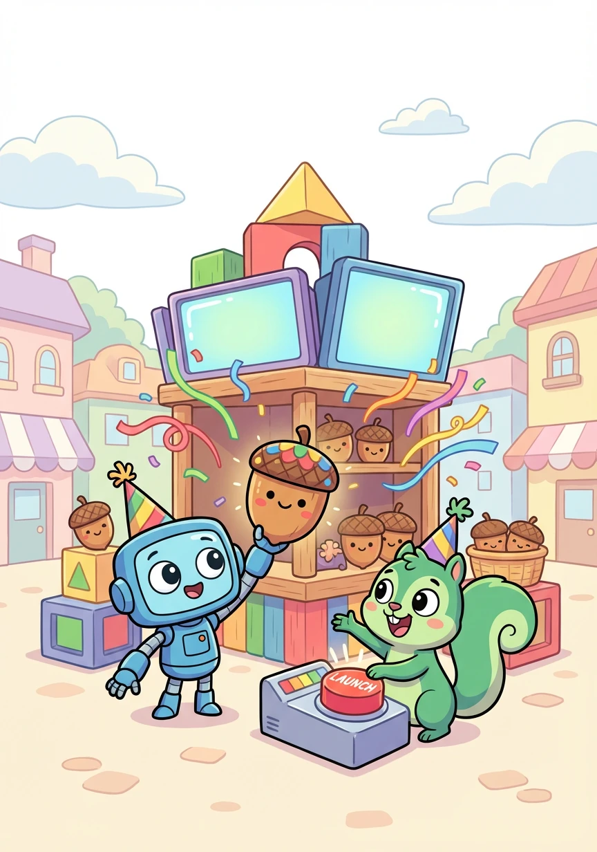 Finally, the Ecommerce Emporium was ready! Pixel and Byte proudly launched their store, showcasing Pixel's acorn crafts to the world.