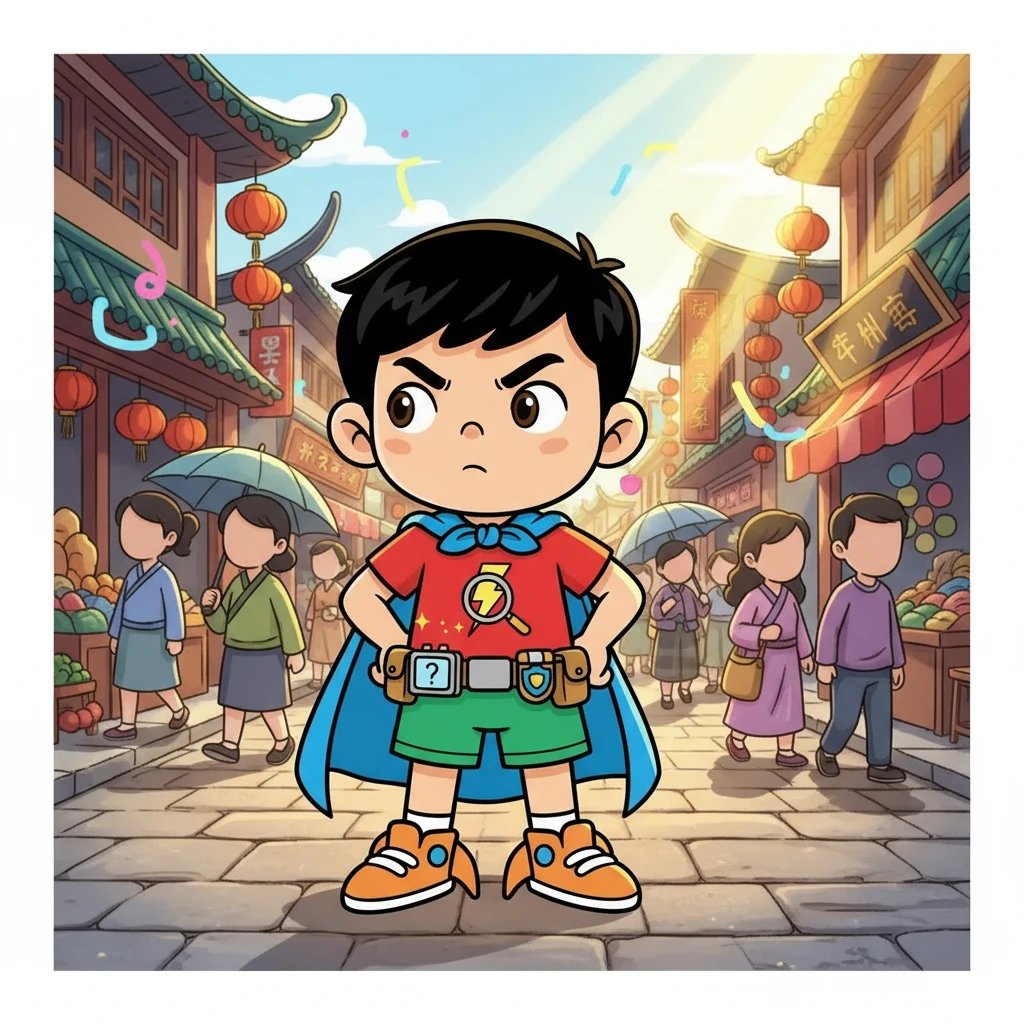 迪亞哥，一個看似普通的少年，卻擁有看穿媒體真相的特殊能力。他站在熙熙攘攘的街頭，眼神銳利，彷彿能洞察一切虛假。陽光灑在他身上，預示著一場即將展開的奇幻旅程。