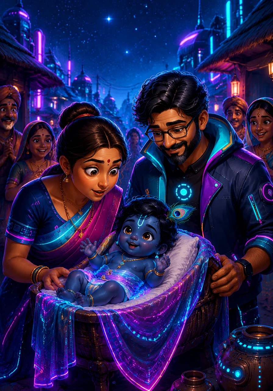 In the peaceful village of Gokul, a miraculous child named Krishna is born under a starlit sky, bringing joy to his foster parents Nanda and Yashoda. With his dark, cloud-colored skin and a shimmering peacock feather in his hair, he quickly becomes the heart of the entire community.