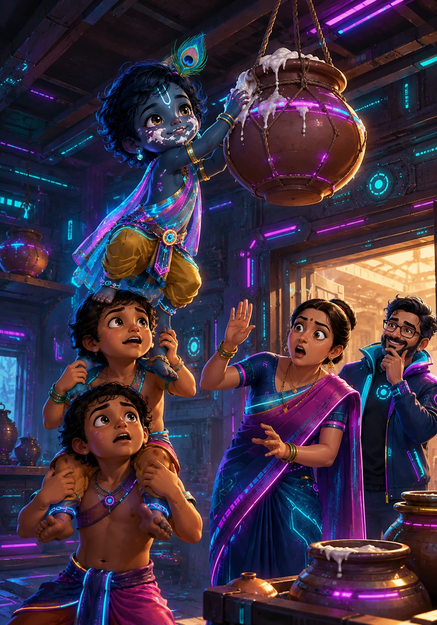 Little Krishna is known throughout the village as the Makhan Chor or butter thief, cleverly climbing on his friends' shoulders to reach pots of fresh cream hanging from the rafters. His face is often smeared with white butter, and his innocent smile melts the hearts of the neighbors who try to catch him in the act.
