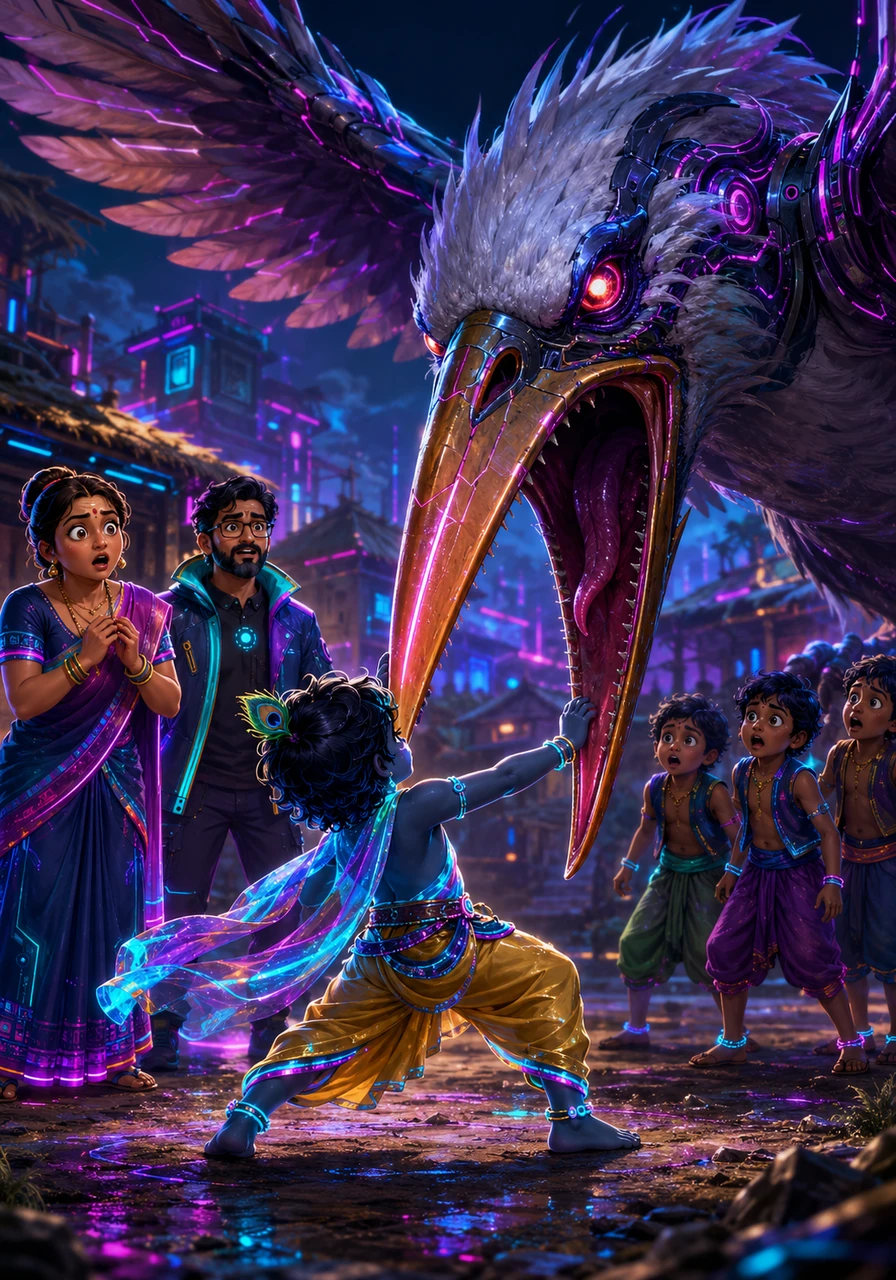 One day, a giant bird-demon named Bakasura attacks the village with a sharp beak and massive wings, but the brave young Krishna faces the beast without a hint of fear. To the amazement of his playmates, he easily defeats the monster, proving that even a small child can overcome great evil through courage and wit.
