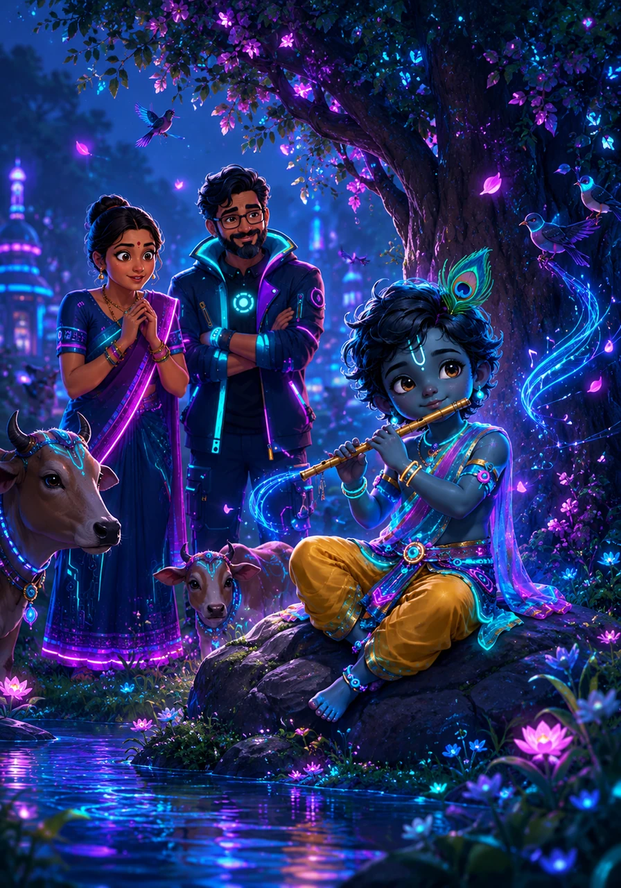 Krishna often sits by the banks of the Yamuna River, playing a simple bamboo flute that produces the most enchanting melodies ever heard. The cows stop grazing and the birds fall silent, all drawn to the divine music that seems to make the very trees and flowers dance with joy.