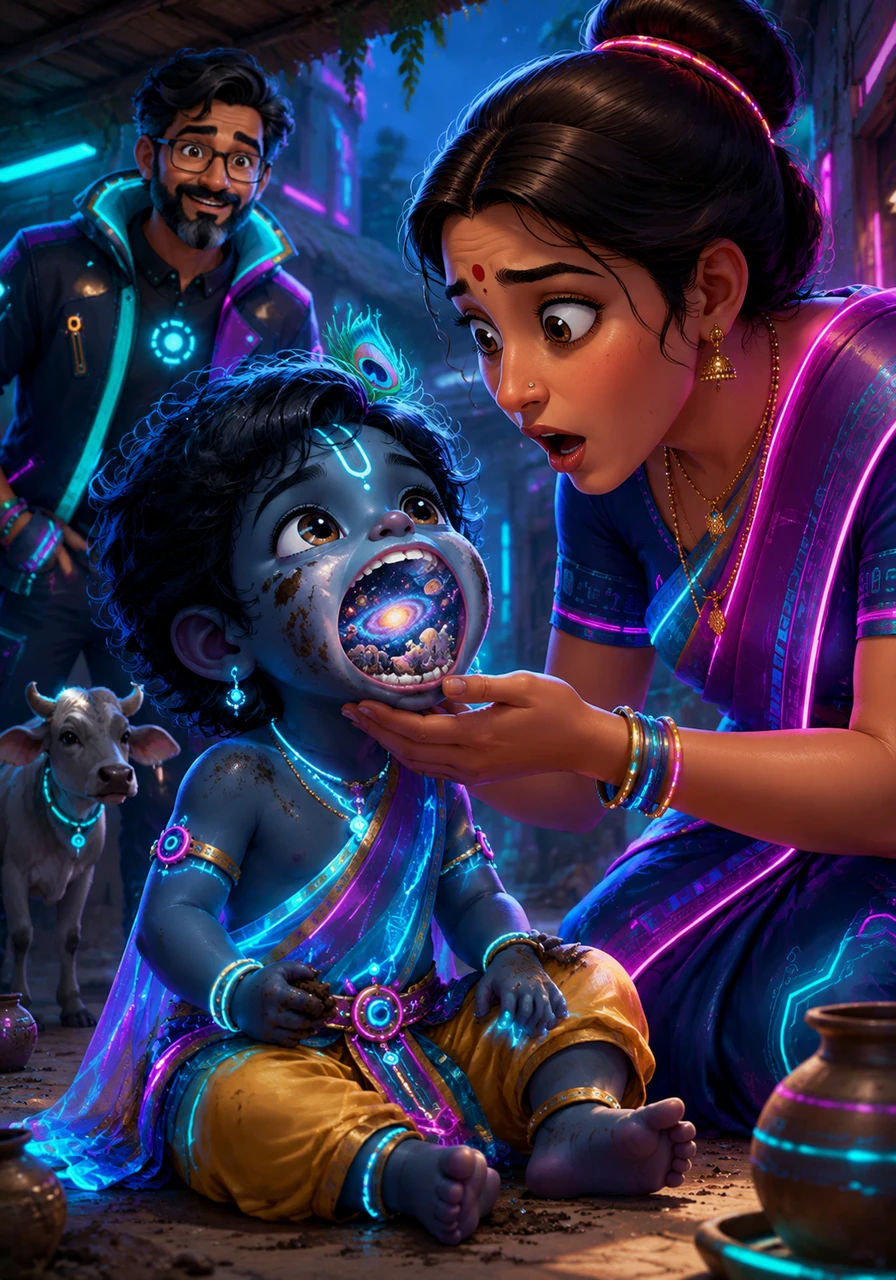 While playing in the yard, Krishna playfully eats a handful of dirt, and when his mother Yashoda demands he open his mouth to clean it, she is stunned by what she sees. Inside the small child's mouth, she beholds the entire universe, including the sun, moon, stars, and all living beings in a swirling cosmic dance.
