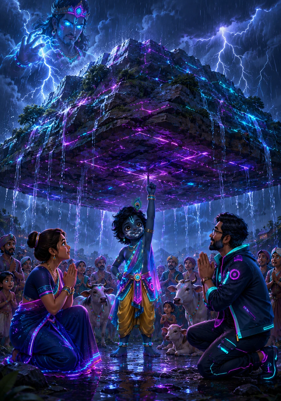 When the angry rain god Indra sends a devastating storm to flood Gokul, Krishna instructs the frightened villagers to take shelter near the sacred Govardhan Hill. He effortlessly lifts the massive mountain with his little finger, holding it up like a giant umbrella to protect his people and animals for seven days and nights.