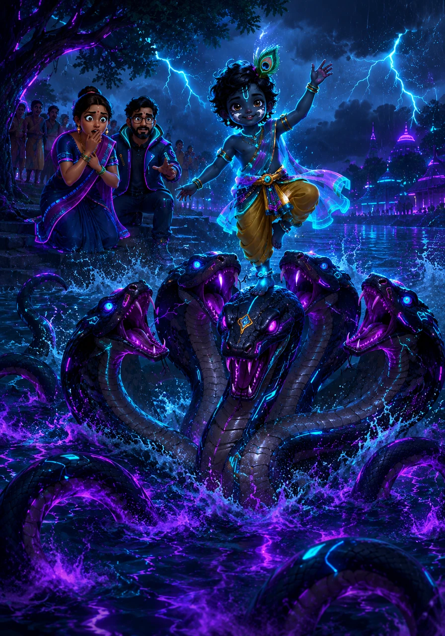 In the dark, swirling waters of the Yamuna River, a multi-headed serpent named Kaliya poisons the water and terrifies the village. Krishna bravely dives into the depths and emerges dancing triumphantly on the serpent's many heads, eventually showing mercy and commanding the creature to leave the river in peace.