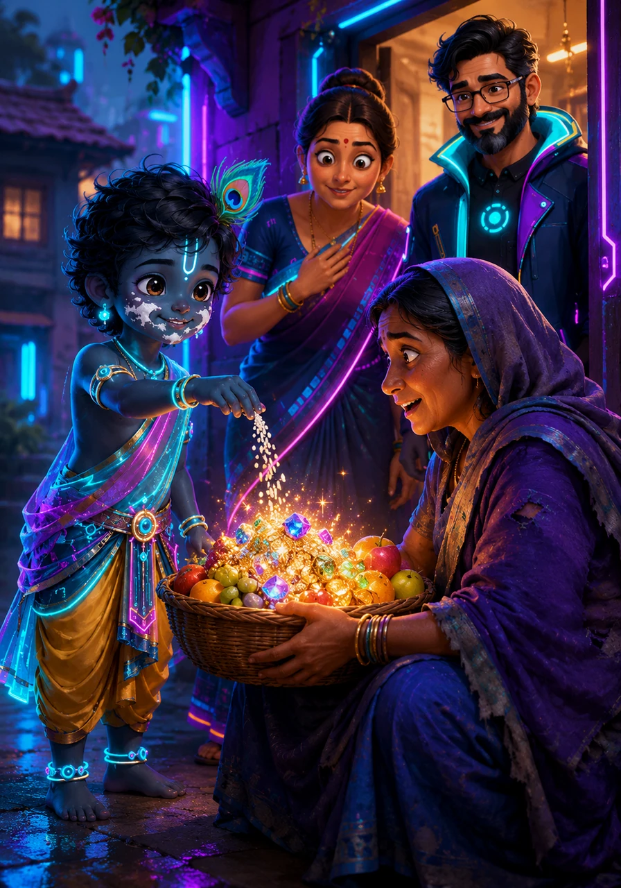 A poor fruit seller passes by Krishna's house, and the young boy offers a few grains of rice in exchange for some fruit. As he drops the humble grains into her basket, they miraculously transform into sparkling jewels and gold, rewarding her simple act of kindness and devotion.