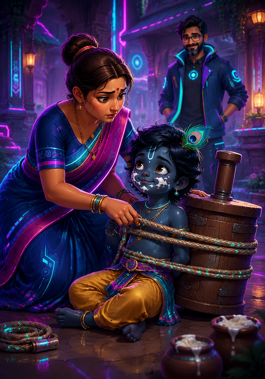 Tired of his constant mischief, Yashoda tries to tie Krishna to a heavy wooden mortar with a rope, but she finds the rope is always two inches too short no matter how much she adds. Only when Krishna sees her tired face and feels her motherly love does he allow himself to be bound, showing that the divine can only be captured by pure affection.
