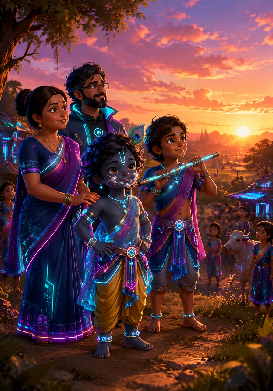 As the sun sets over the golden fields of Vrindavan, Krishna stands with his brother Balarama and their friends, looking toward the horizon with a knowing gaze. Though he is a playful child of the forest, his journey toward becoming a wise teacher and the protector of the world has only just begun.