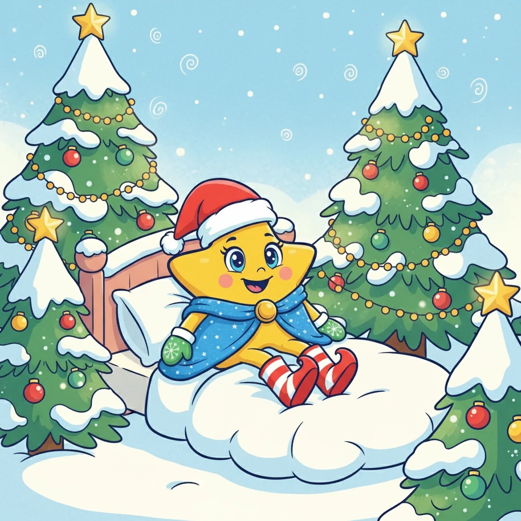 Estrelinha, a unicórnio, acorda em uma manhã fria de Natal. Ela usa um chapéu de Papai Noel e seus olhos brilham de expectativa. Ao seu redor, as árvores de Natal estão cobertas de neve e luzes cintilantes.