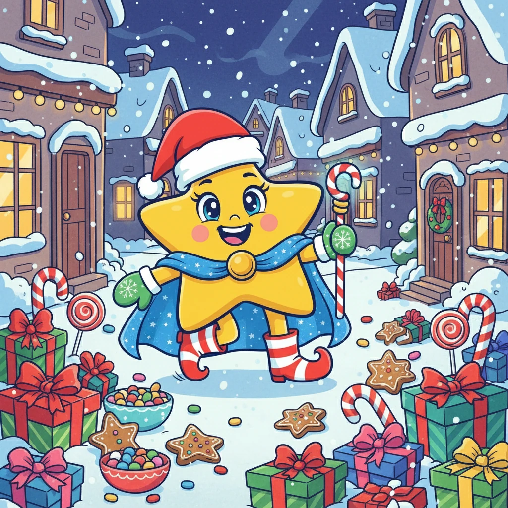 Ela sai correndo para fora, animada para ver o que o Natal trouxe. Neve cai suavemente enquanto ela caminha. Presentes embrulhados e doces de Natal estão espalhados por toda parte.