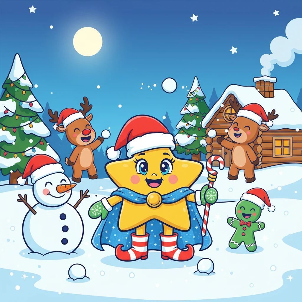 Estrelinha encontra seus amigos, todos usando chapéus de Natal e prontos para a diversão. Eles começam a brincar, rindo e se divertindo na neve. A atmosfera é de pura alegria.