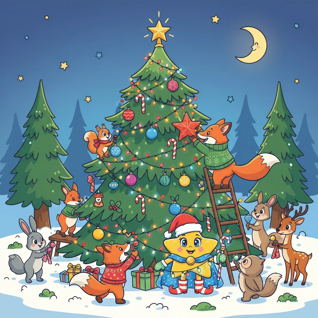 Eles decidem decorar a maior árvore de Natal da floresta. Todos se unem para pendurar enfeites e luzes coloridas. A árvore fica linda e brilhante.