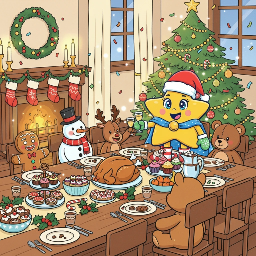 Finalmente, eles se reúnem para um banquete de Natal. A mesa está cheia de guloseimas e doces. Estrelinha e seus amigos celebram o Natal com alegria e gratidão.