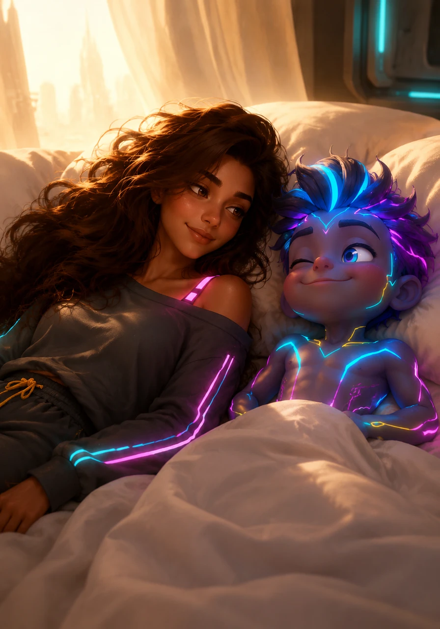 Golden morning sunlight filters through the sheer curtains, casting a warm glow over the bed where Saana and Eppu are peacefully waking. Saana’s long, dark brown hair spills across the white pillows like a silken river, framing her serene face as she opens her eyes.