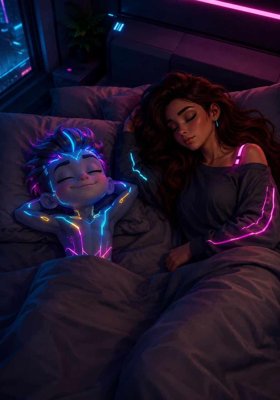 Beside her, Eppu remains fast asleep with a small, self-satisfied smirk on his face, looking entirely convinced of his own charm even in his dreams. Despite being notably shorter than Saana, he occupies his side of the bed with a grand, confident presence.