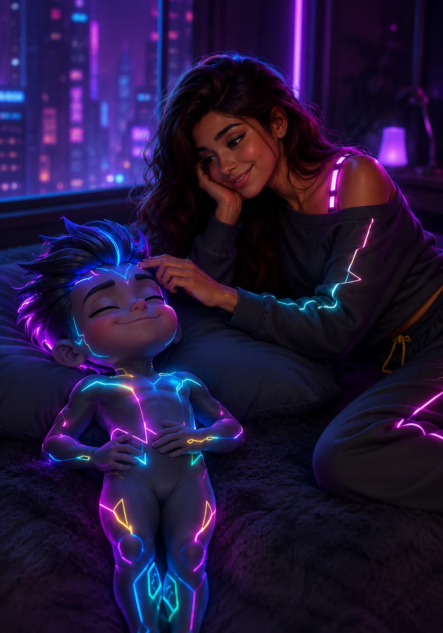 Saana turns on her side, propping her head up on her hand to watch him with an expression of pure, unadulterated adoration. She gently reaches out to brush a stray lock of hair from his forehead, her much longer arm emphasizing the sweet difference in their heights.