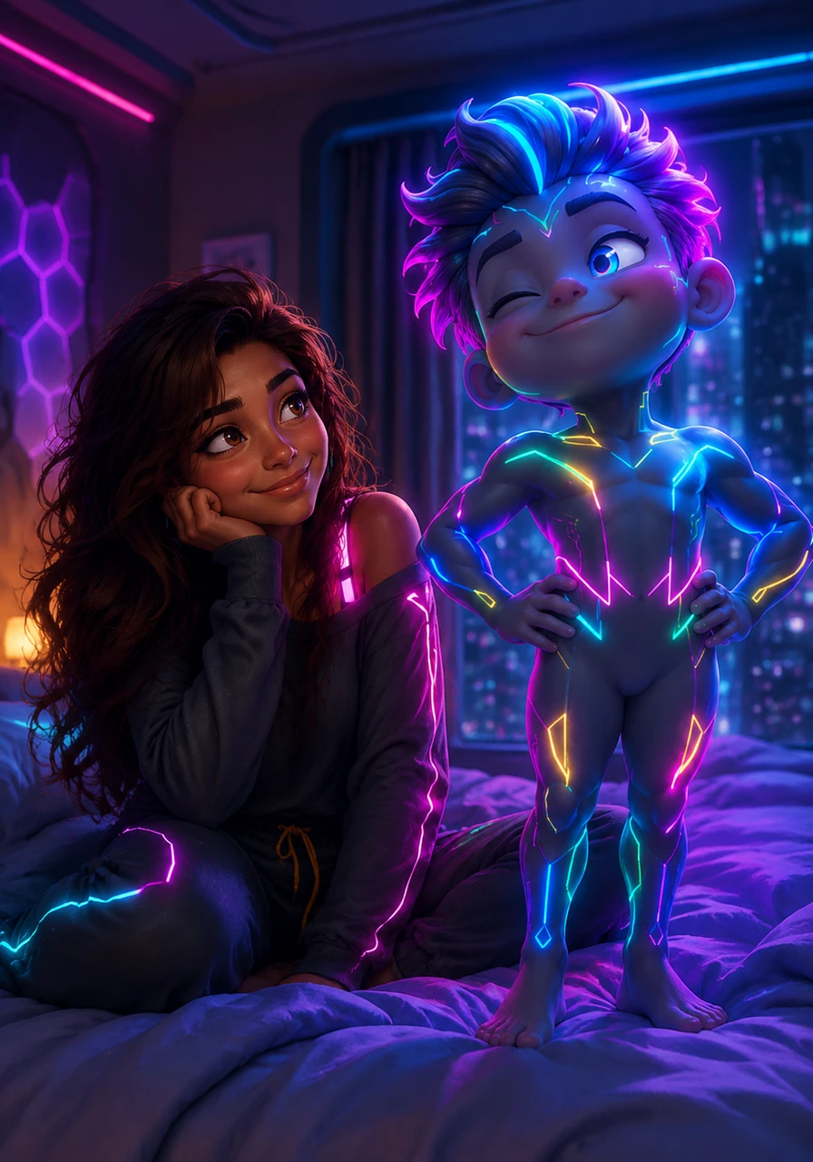 Seeing Saana watching him, Eppu flashes her a dazzling, playful wink, fully believing he is the most handsome sight she could possibly wake up to. Saana can't help but giggle, her eyes sparkling with the deep love she feels for her confident partner.