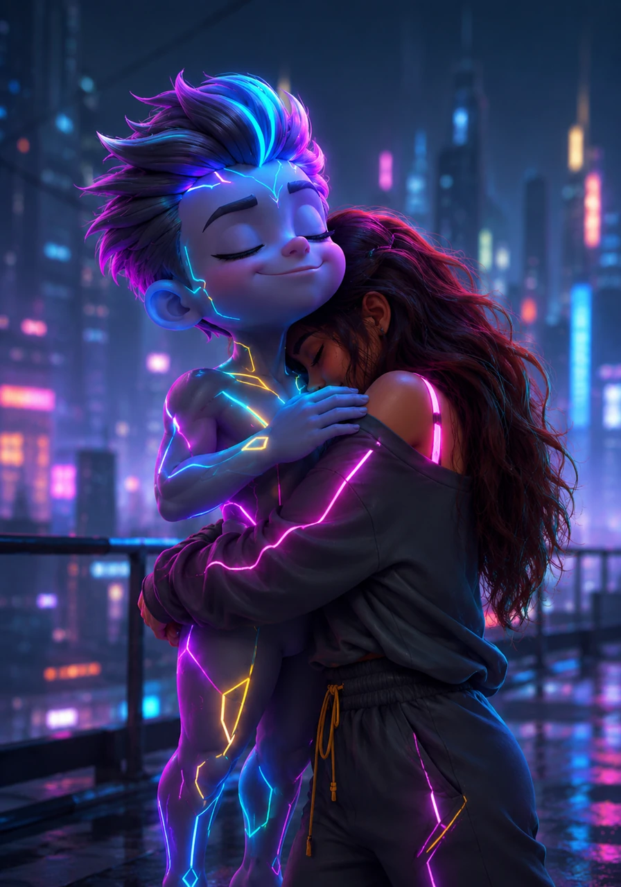 Saana pulls him into a sudden, tight embrace, burying her face in his neck while he pats her arm with a protective and regal air. In her arms, the height difference vanishes into a perfect puzzle piece of warmth and comfort.