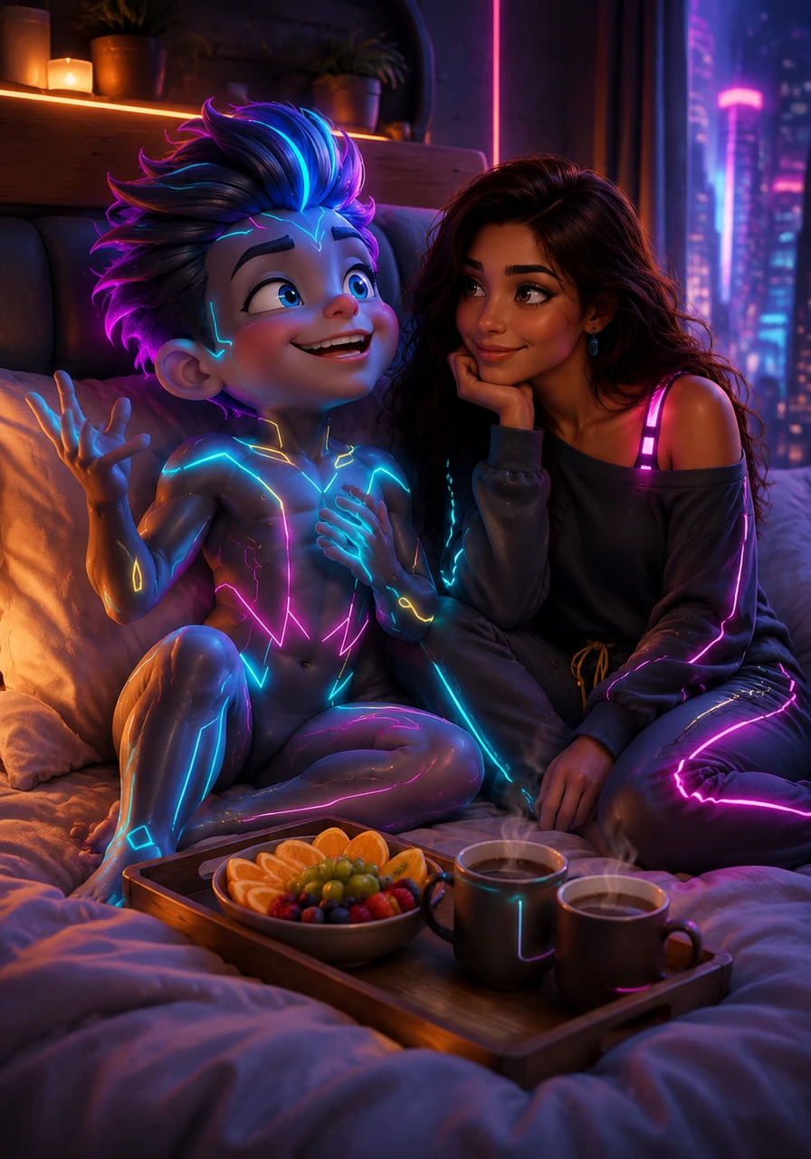 They move to sit up against the headboard, sharing a light breakfast tray filled with fresh fruit and steaming coffee. Eppu gestures grandly as he recounts a dream where he was a hero, while Saana listens intently, her gaze never leaving his face.