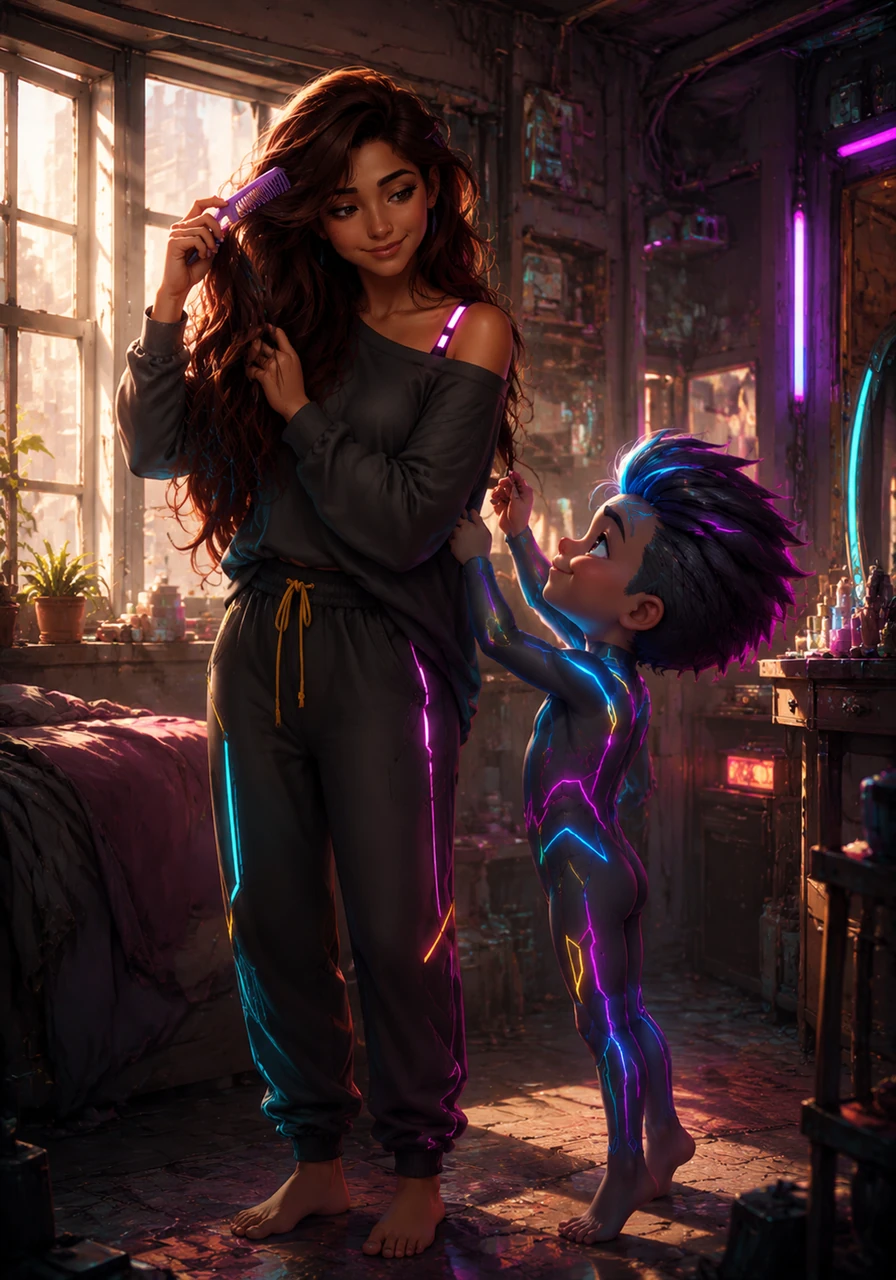 As they prepare for the day, Saana begins to comb through her long, dark brown tresses, the sunlight catching the rich mahogany tones of her hair. Eppu stands on his tiptoes to help her, offering expert advice on exactly how she should style it to complement his look.