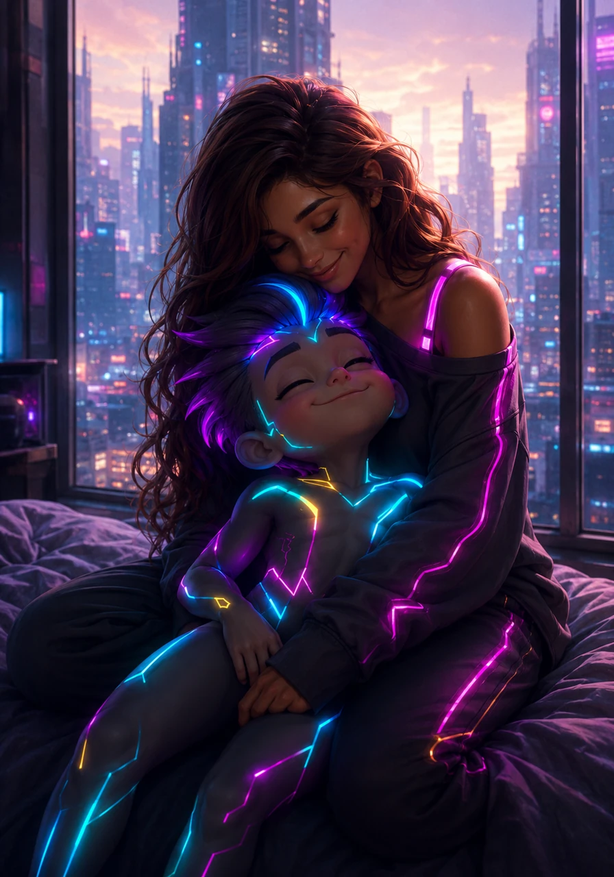They stand together by the large bedroom window, looking out at the waking world as the city begins to hum with life. Saana leans down slightly to rest her chin on the top of Eppu’s head, and he leans back into her, basking in her affection.