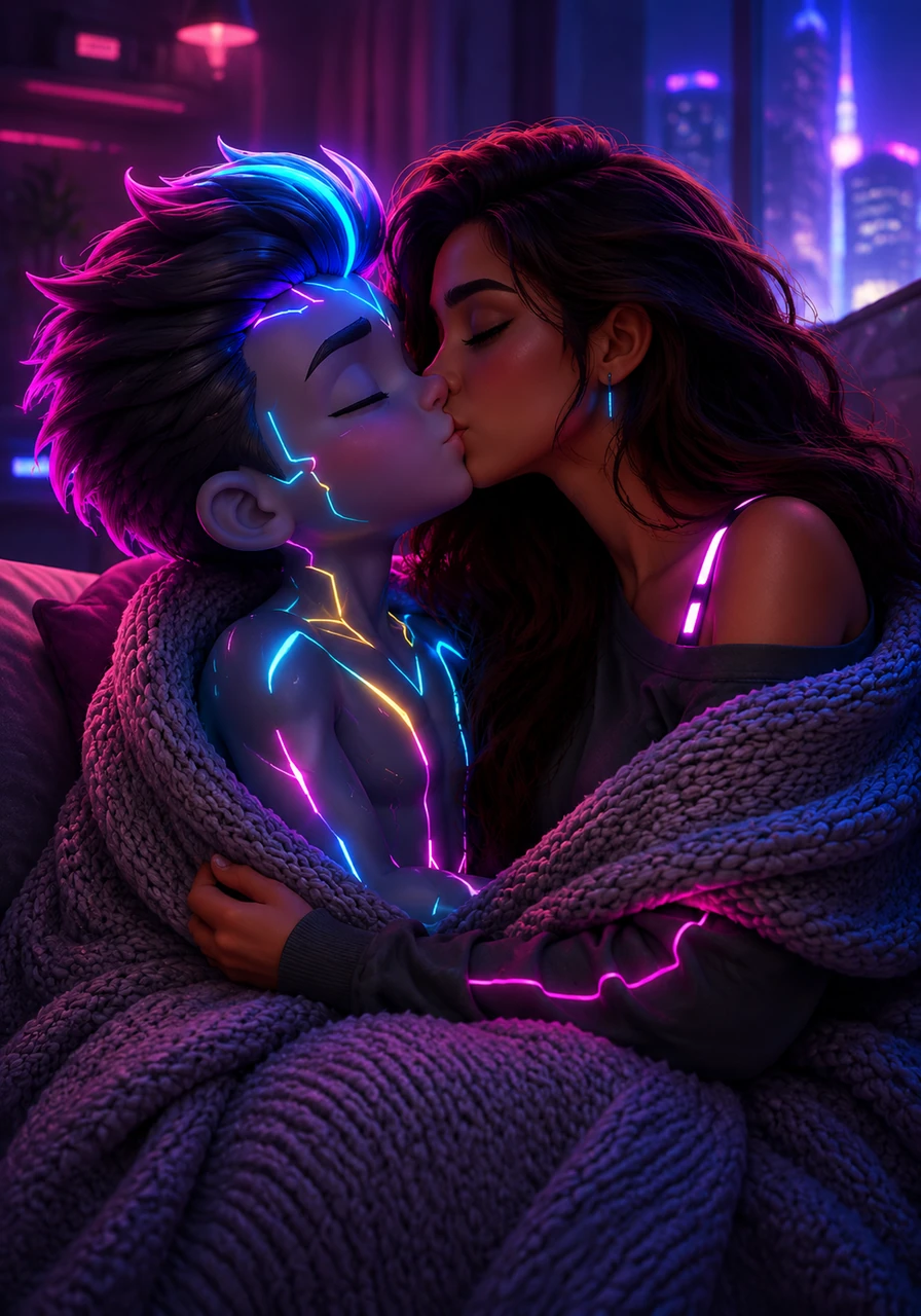 Wrapped together in a soft, knitted throw blanket, they share a quiet, tender kiss that seals their morning vow of devotion. The room is filled with the quiet magic of a love that sees perfection in every quirk and every shared breath.