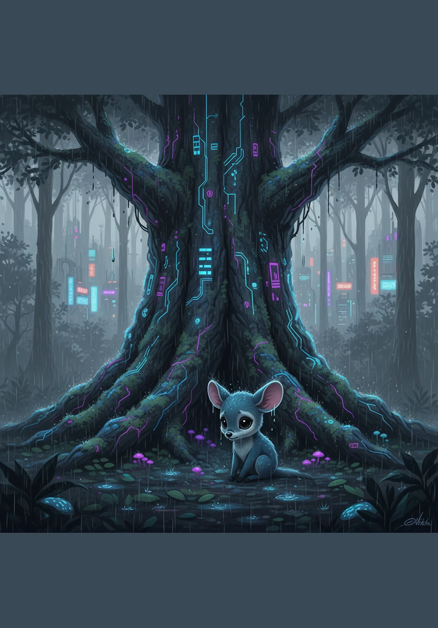 Beneath a towering ancient tree, Kiki the little mousedeer sits alone as a heavy downpour drenches the forest. His tiny body shivers from the cold, and his eyes look sadly at the wet, dark leaves surrounding him. The forest, usually full of life, feels vast and unfriendly in the gray rain.