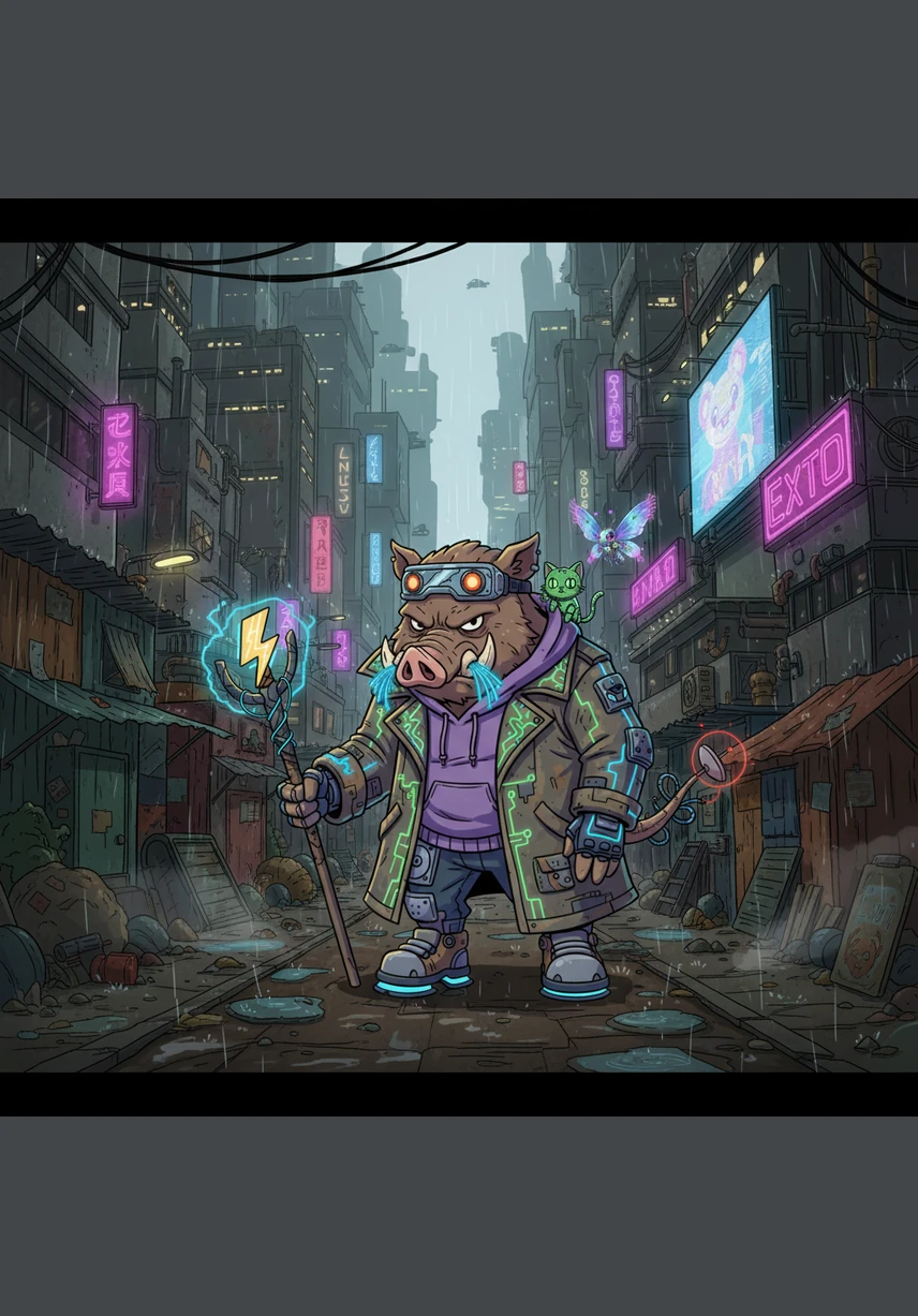 Kiki's stomach growls with hunger, but the bushes nearby are bare, offering nothing but dry twigs and thorns. He wanders slowly along the muddy path, hoping to find a stray piece of fruit to ease his growing hunger. Every step feels heavy as he remembers the lush, green meadows he once called home.