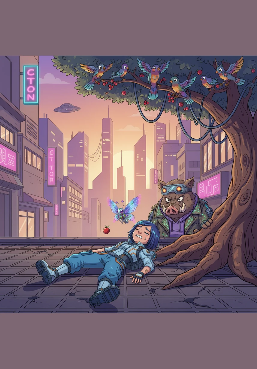 The morning sun rises, and Kiki spots a group of colorful birds feasting on bright berries high in the canopy. He tries to jump and catch a piece of falling fruit, but he trips over a gnarled root and tumbles onto the hard ground. Kiki stays still for a moment, blinking back tears as his leg throbs with pain.