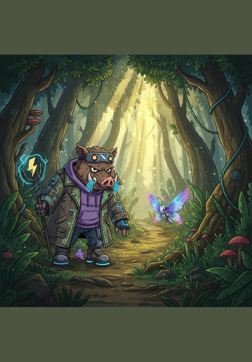 The beautiful butterfly flutters low, beckoning Kiki to follow it deeper into the heart of the dense forest. Kiki limps along, following the shimmering wings as they lead him through a hidden path where the sunlight filters through the leaves like gold. He forgets his own troubles as he follows the magical light.