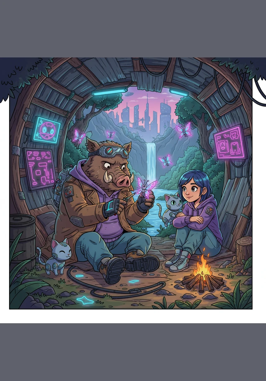 Kiki realizes that his kindness toward the butterfly led him to this sanctuary where he is finally safe and fed. He happily helps the old turtle gather soft, dry leaves to create a warm and comfortable bed for them both. The valley is filled with the scent of flowers and the sound of peaceful water.