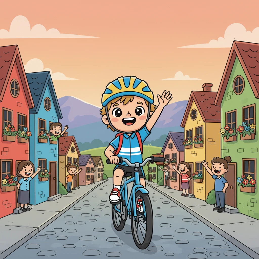 Míjí malou horskou vesničku s barevnými domky a květinami v oknech. Lidé mu mávají a on jim s radostí mává nazpět. Krátký okamžik spojení s místními obyvateli dodává jeho cestě další rozměr.