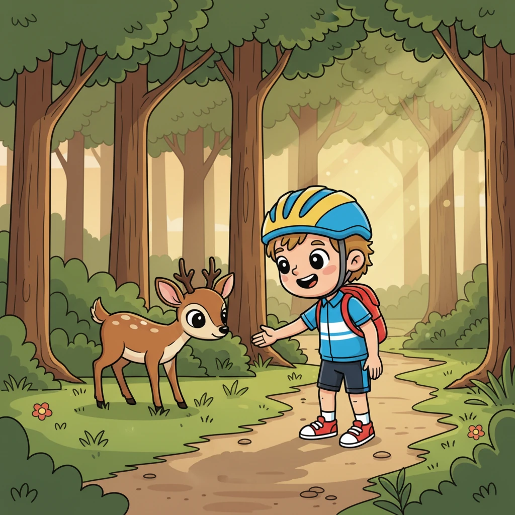 Na okraji lesa zahlédne srnku, která se klidně pase u cesty. Zastaví se na chvíli, aby si vychutnal tento tichý okamžik spojení s divokou přírodou. Srnka se na něj podívá a pak se klidně vrátí k pastvě.