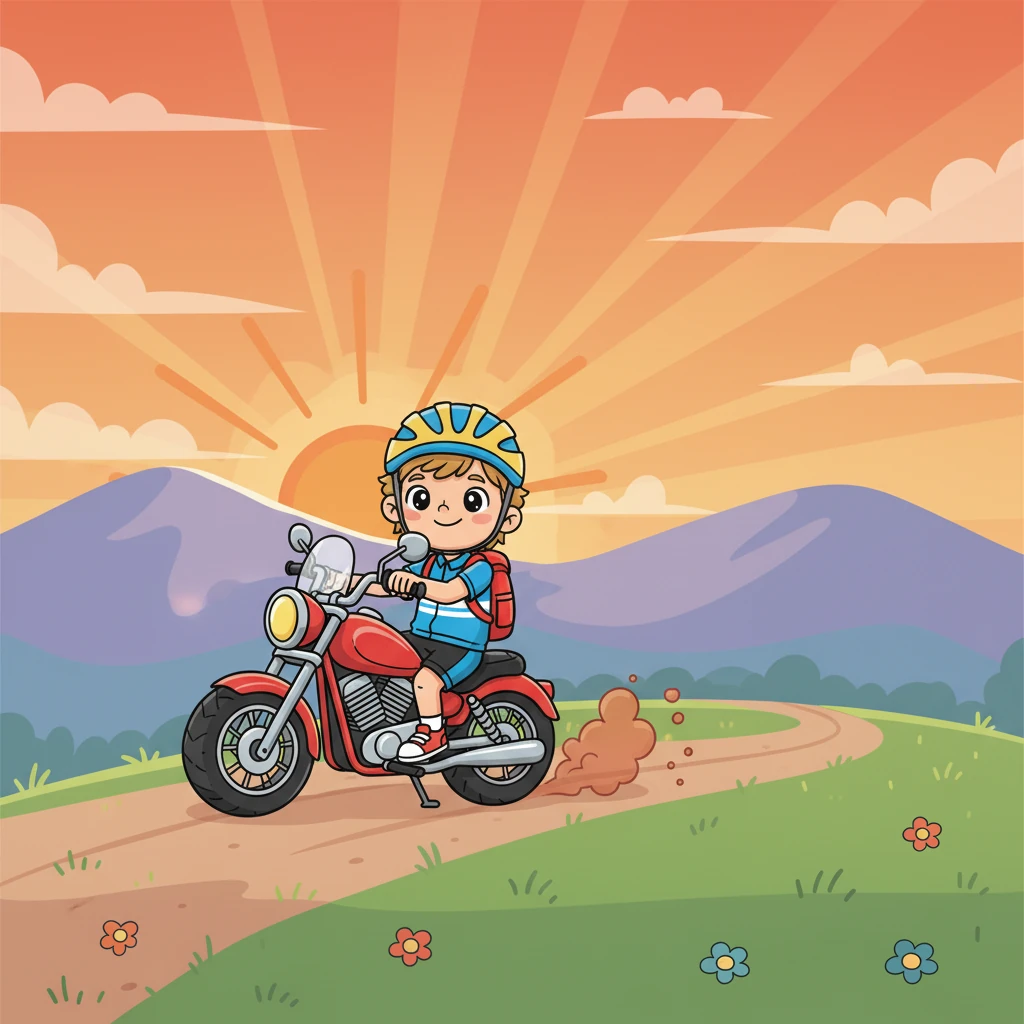 S blížícím se večerem se obloha začíná barvit do odstínů oranžové a fialové. Marek opět nasedne na motorku a pokračuje v jízdě. Každá zatáčka nyní odhaluje novou, magickou scenérii západu slunce.