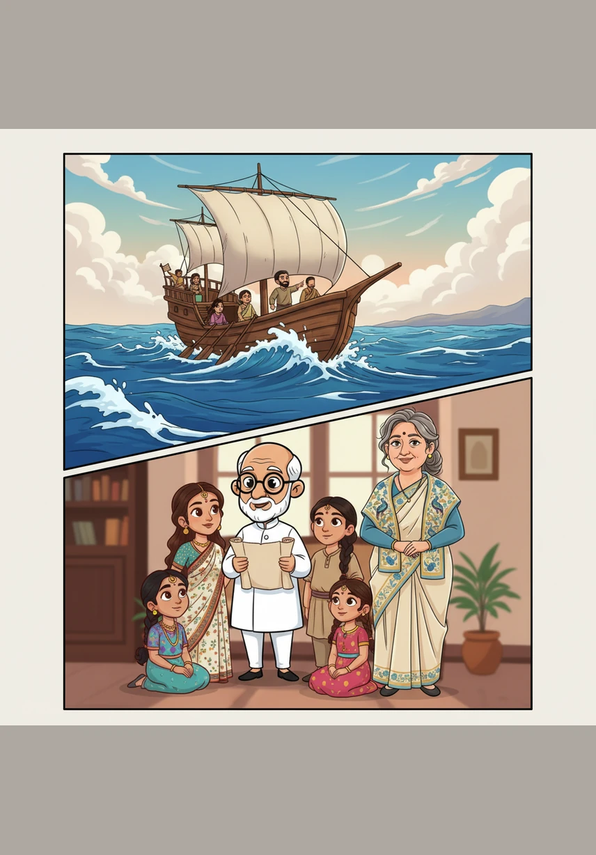 He tells them of the ancient journey from Persia across the vast, sapphire sea to the shores of Gujarat, India. The image shows a sturdy wooden ship braving the rolling waves, guided by faith and the promise of a peaceful new home.