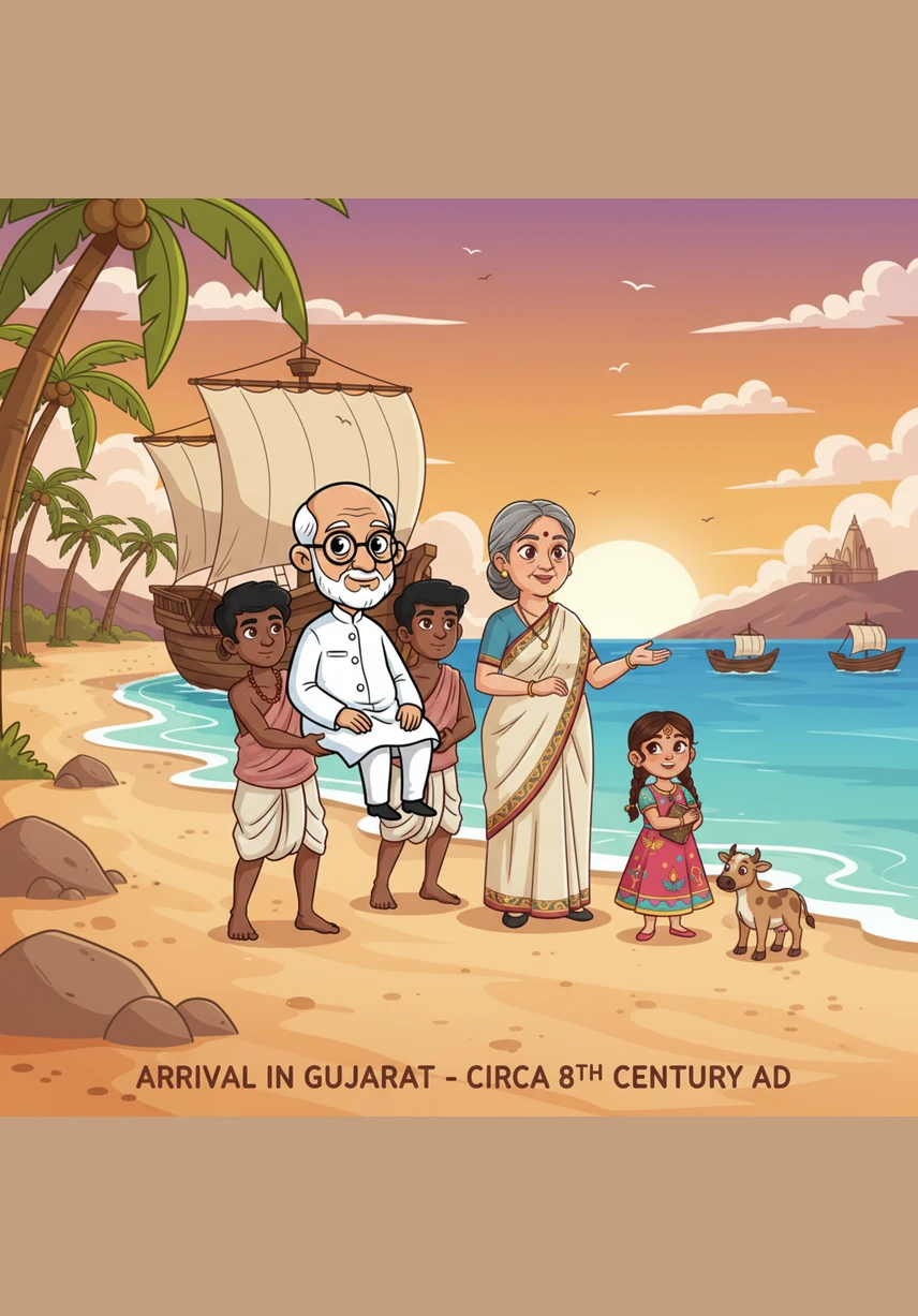 The family imagines the legendary meeting with the local King, Jadi Rana, where a bowl of milk was filled with a spoonful of sugar. This symbolized how the Parsis would sweeten the land without overflowing it, a promise of harmony that has lasted for centuries.