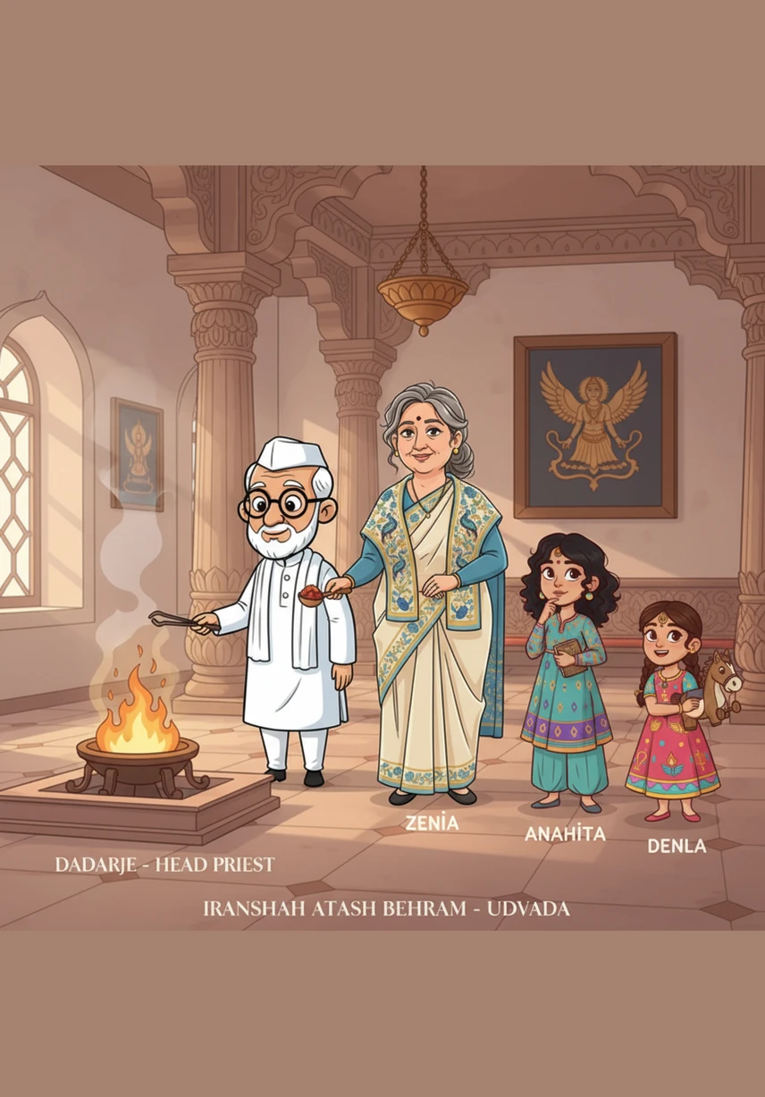 The scene shifts to the magnificent Iranshah Atash Behram in Udvada, where a sacred fire has burned continuously for over a thousand years. The girls watch in awe as a priest in traditional white robes tends to the glowing embers with deep reverence and prayer.