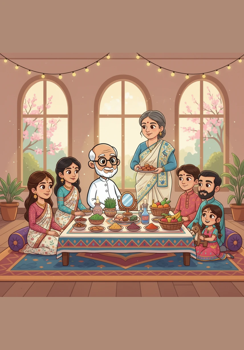 Back in the present, the family gathers around a beautifully set table for Navroz, the Persian New Year. The table is adorned with mirrors, fresh flowers, and silver coins, reflecting the light of a new beginning and the vibrant joy of spring.
