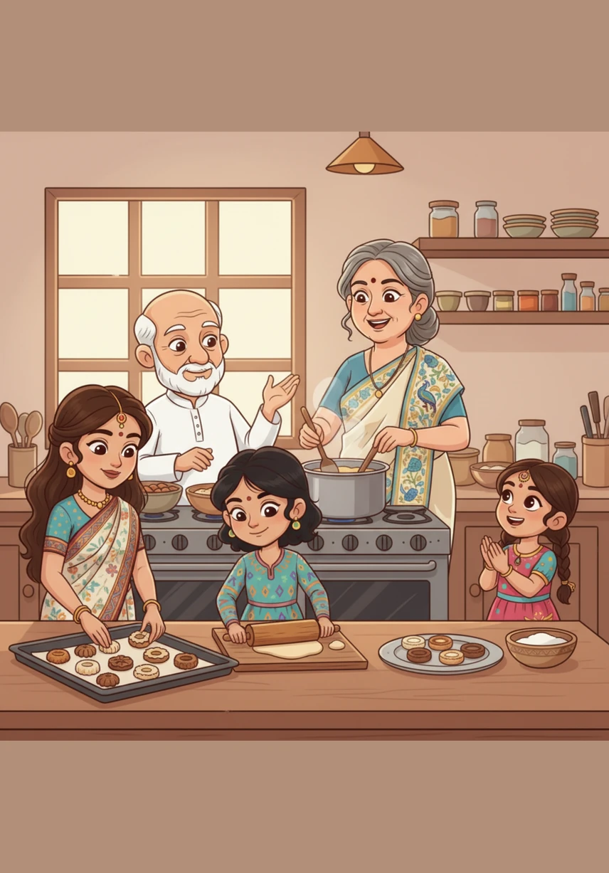 The three girls help their mother prepare sweet ravo and traditional treats to share with their neighbors. They learn that being Parsi means living by the golden motto of their faith: Good Thoughts, Good Words, and Good Deeds in every daily action.