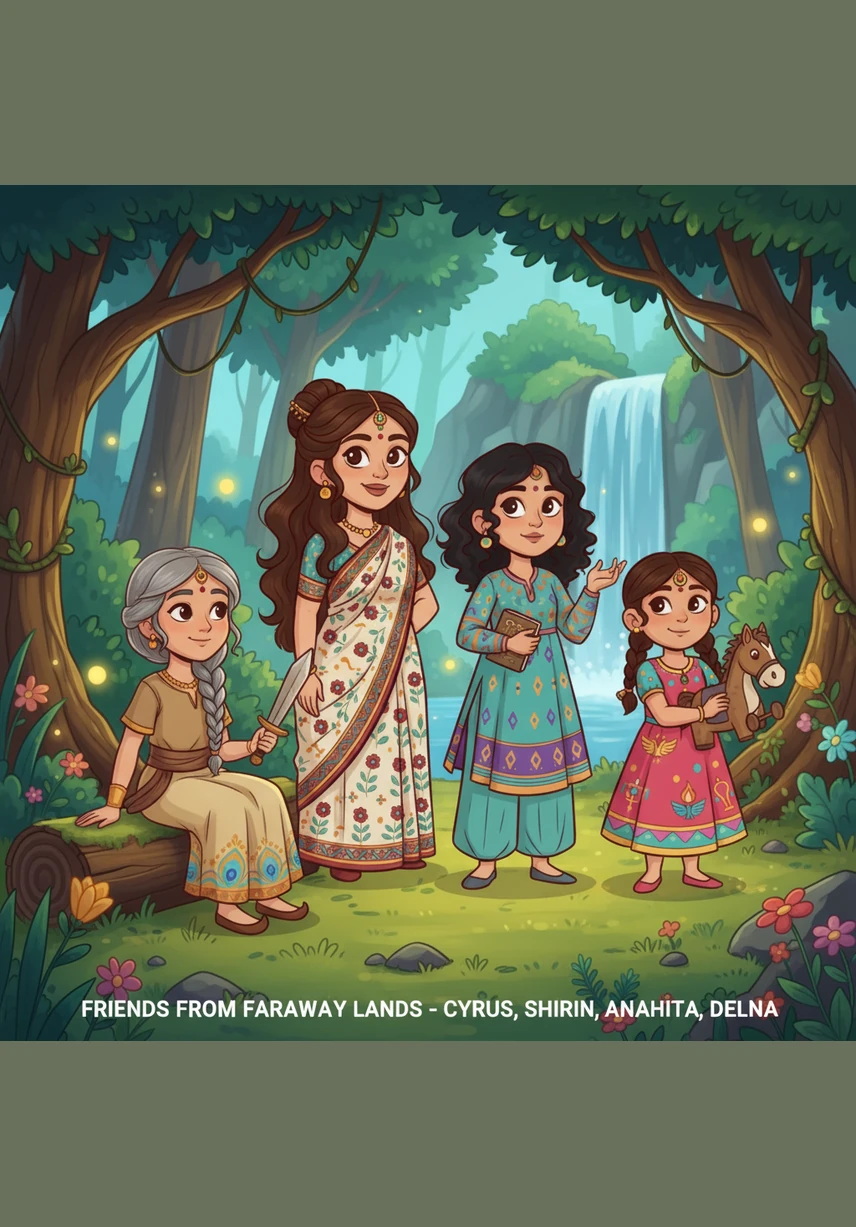 The girls stand by a large window overlooking the modern city skyline, wearing their embroidered sudrehs and kusti threads with pride. They represent the bridge between a glorious past and a bright future, carrying their heritage into the modern world.