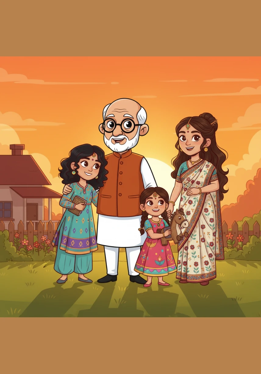 As the sun sets in a warm orange glow, the family lights a small oil lamp together, its flame steady and bright. Cyrus smiles at his daughters, knowing that the story of their people continues through their kind hearts and the light they carry forward.