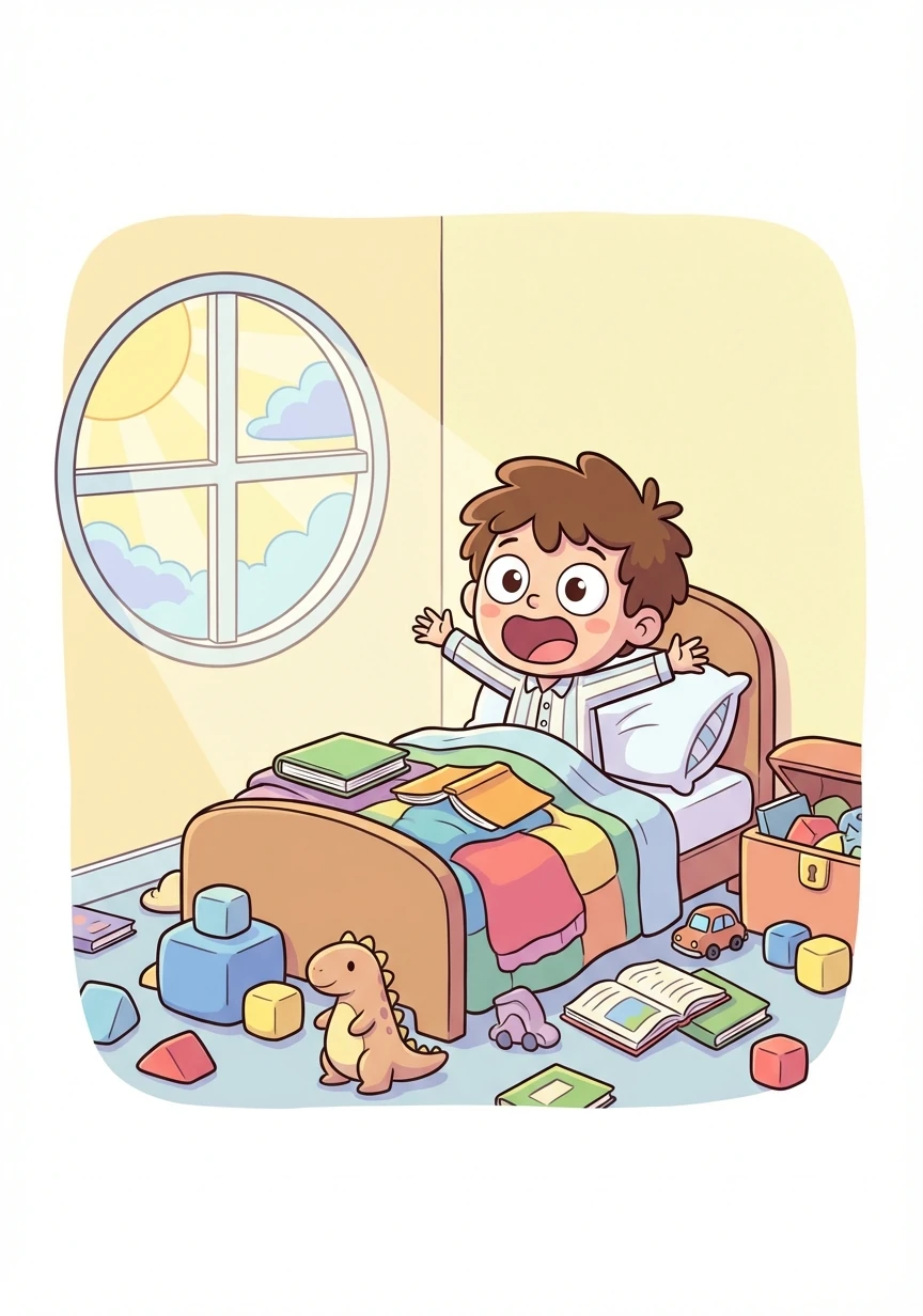 Toby wakes up in his messy bedroom. Toys are scattered on the floor, and books are piled on his bed.