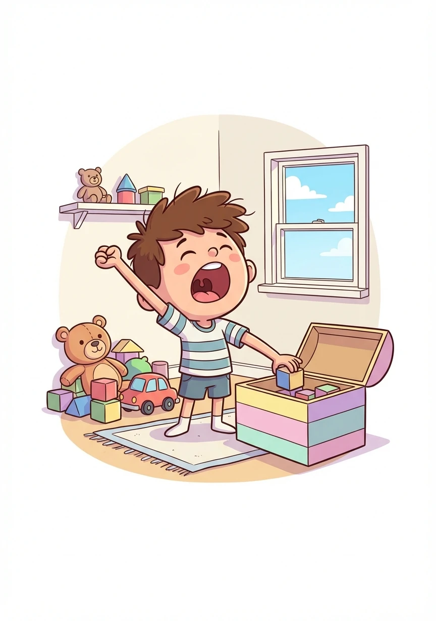 Toby stretches and yawns. He decides to start his day by picking up his toys. He carefully places them in his toy box.