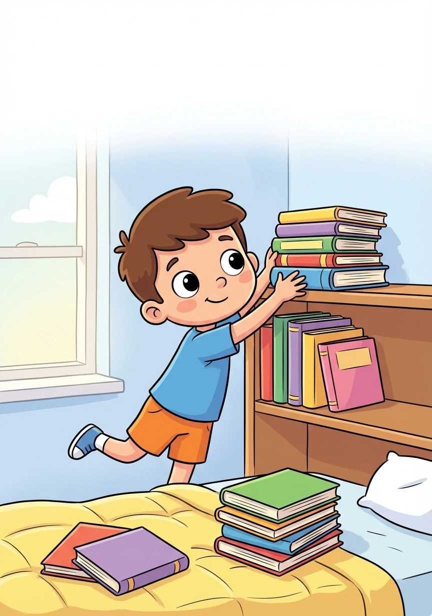 Next, Toby sees his books are all over his bed. He stacks them neatly on his bookshelf. The room is already looking better!