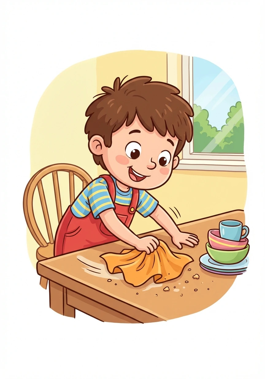Toby goes to the kitchen. His mom asks him to wipe the table after breakfast. He grabs a cloth and cleans it thoroughly.